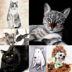 Collage image of hand painted pet portraits