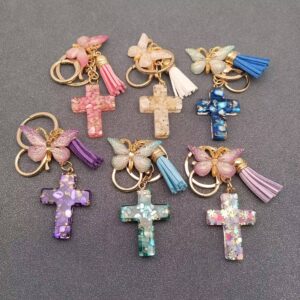 Resin Cross Butterfly Charm Tassel Keychain