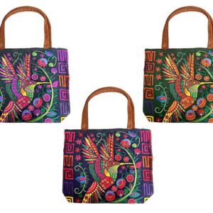 Embroidered Floral Hummingbird Large Suede Purse Tote Bag