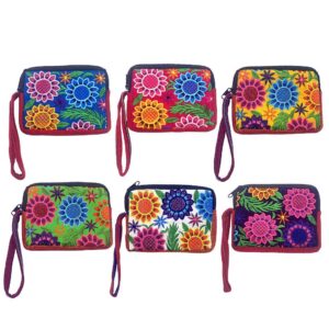 Floral Embroidered Coin Purse Wristlet Strap Zipper Bag