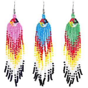 Native Inspired Seed Bead Fringe Extra Long Dangle Earrings