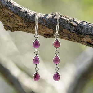 Garnet Sterling Silver Dangling Earrings 3 stone