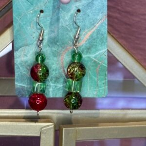 Handmade Earrings RH Red Grn Glass