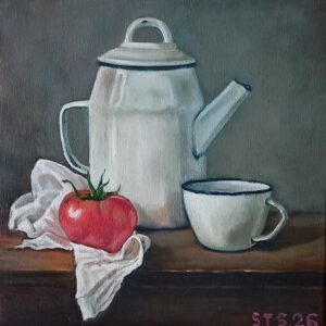 Oil Painting Enameled white tin pot and cup