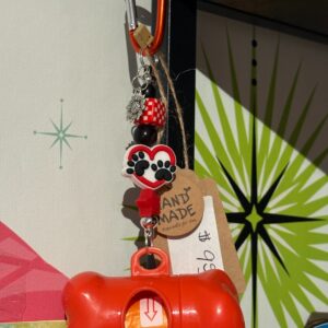 Doggie poop bags on carabiner clip with charms Red